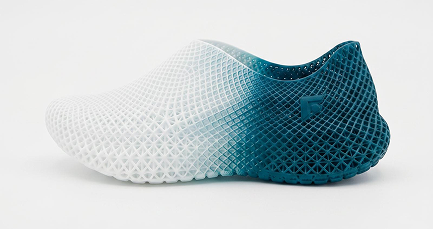 Teal and white shoe on a light gray background